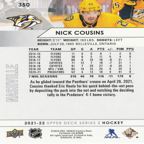 Nick Cousins - 2021/2022 Upper Deck Series 2 Hockey Card - Picture 2 of 2